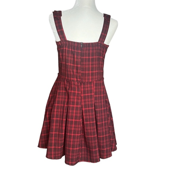 Red and black plaid heart front punk dress with buckle straps - Picture 3 of 12